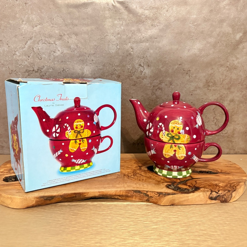 Laurie Gates Holiday Treats Tea for One Set Gingerbread Man Ceramic Red Tea Pot